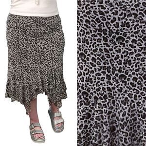 VTG Black White Leopard Pull On Ruffled Midi Slip Skirt *Fits Like Medium